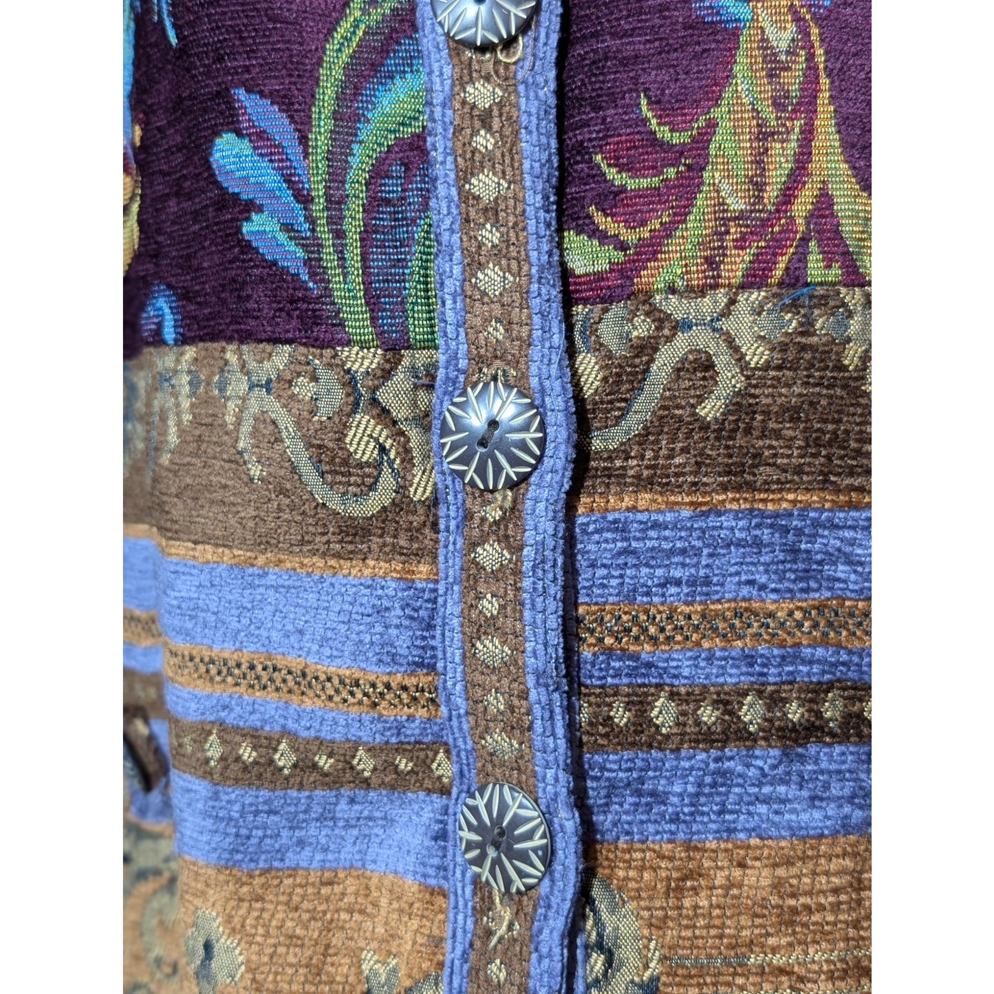VTG Sag Harbor Purples Gold Floral Tapestry Button Front Unlined Jacket Sz 12