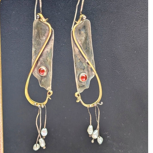 Vtg Sterling Brass Carnelian Stone & Freshwater Pearl Dangle Artisan Earrings