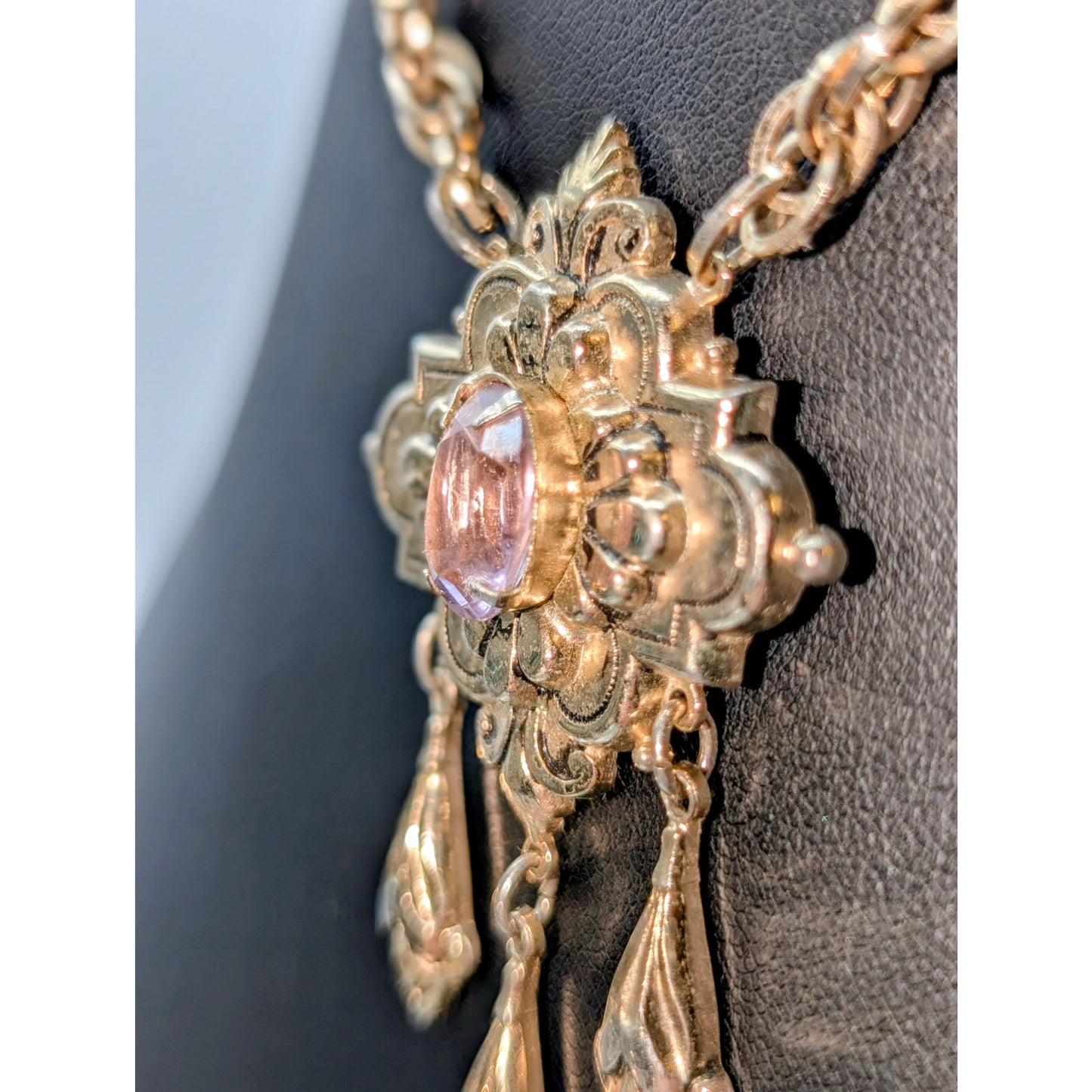 Vtg Signed Coro Victorian Art Nouveau Gold Plated Amethyst Stone Necklace