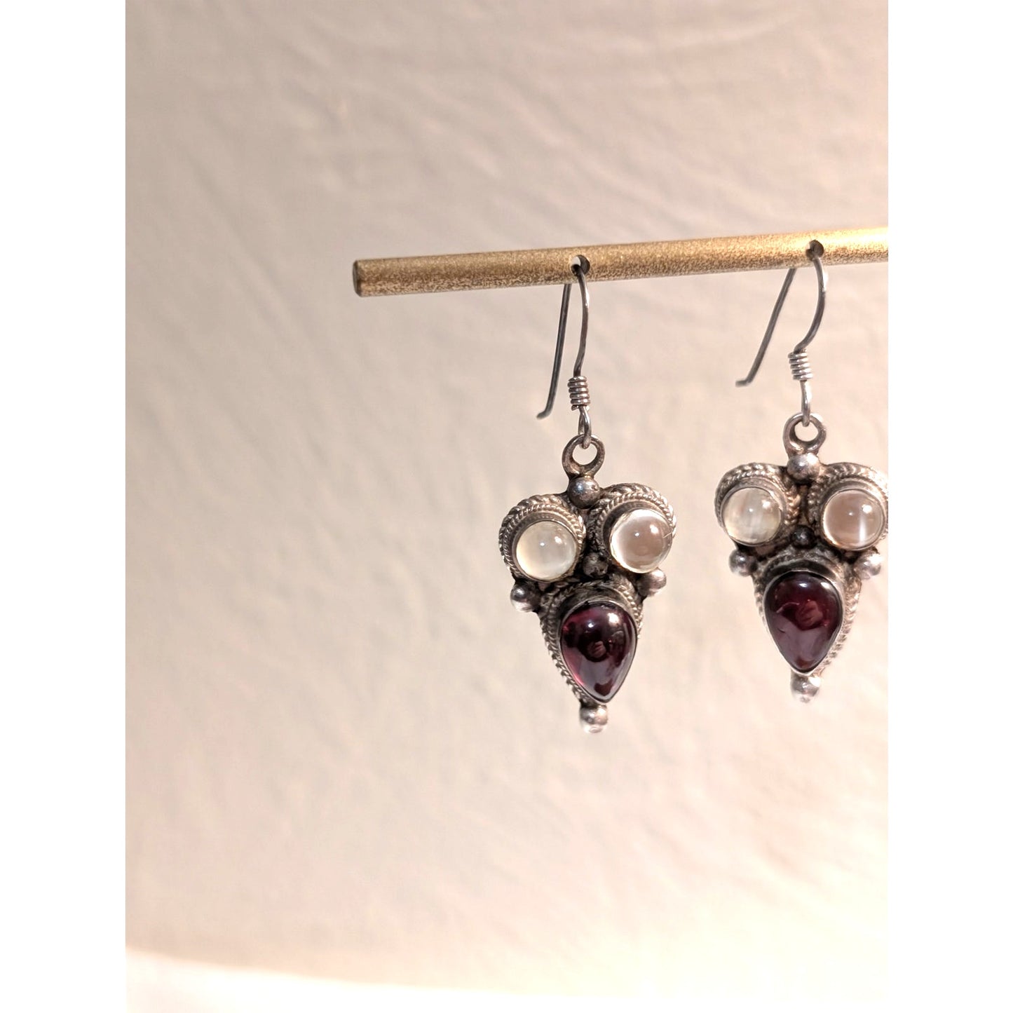 VTG Garnet (January Birthstone)  & Quartz 925 Sterling Silver Dangle Earrings
