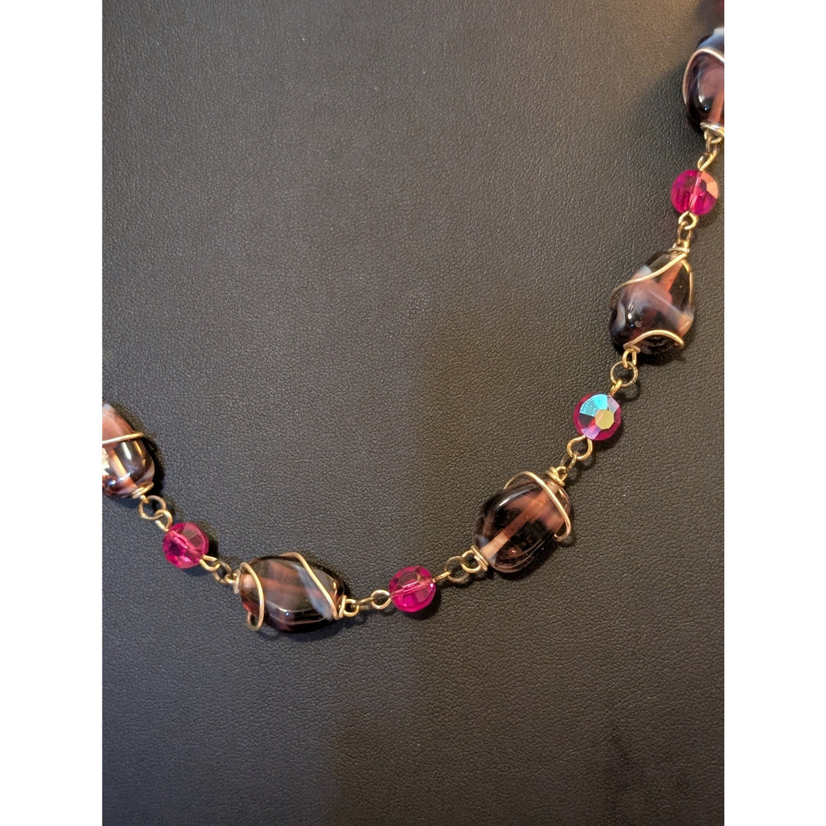 VTG Purple Wire Wrapped Glass Bead & Pink AB Crystal Bead Silver Tone Necklace