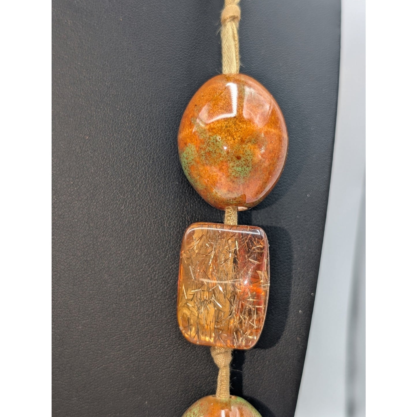 Chico's Very Chunky Heavy Ribbon Strung Glass & Lucite Bead 38"-42" Necklace