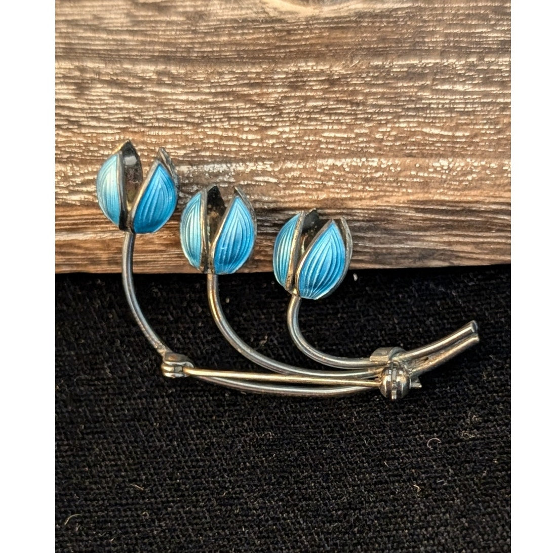 VTG Mid Century Norway 925 Silver 3 Blue Lily Of The Valley Enamel Brooch/Pin