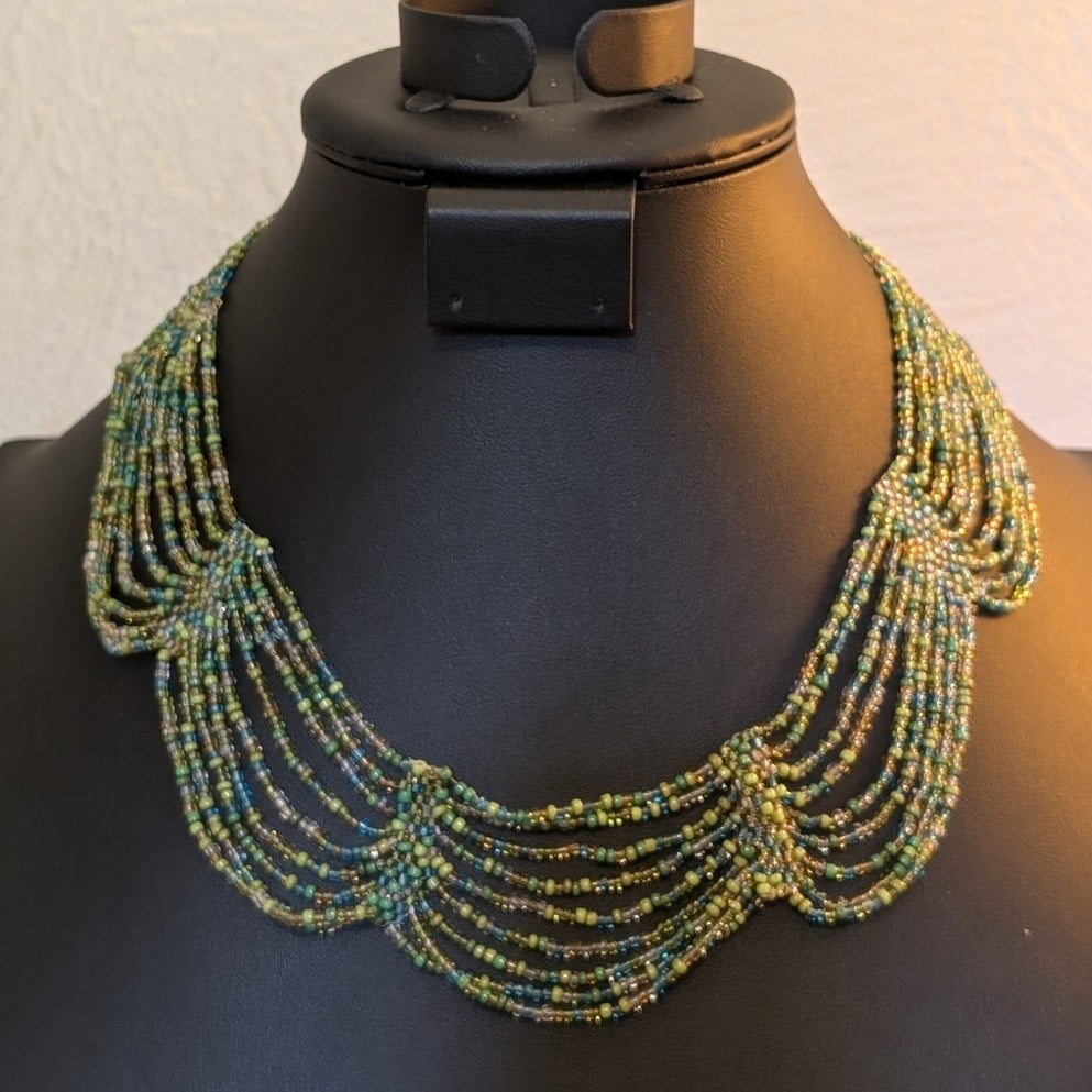 Hand Made Green Blue Seed Bead Multi-Strand Collar Necklace