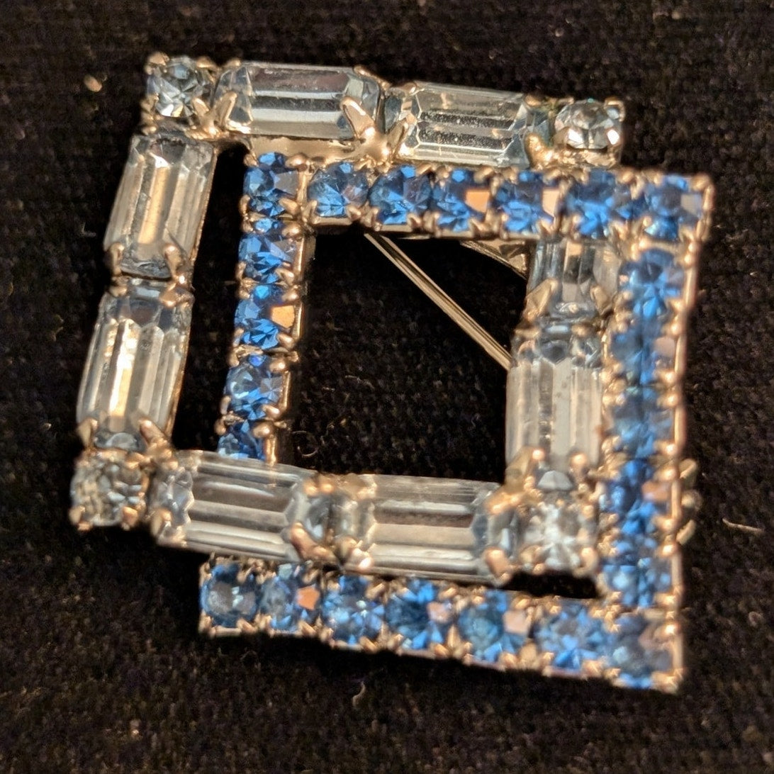 Vintage Double Diamond Ombre Baguette & Round Blue Rhinestone Brooch