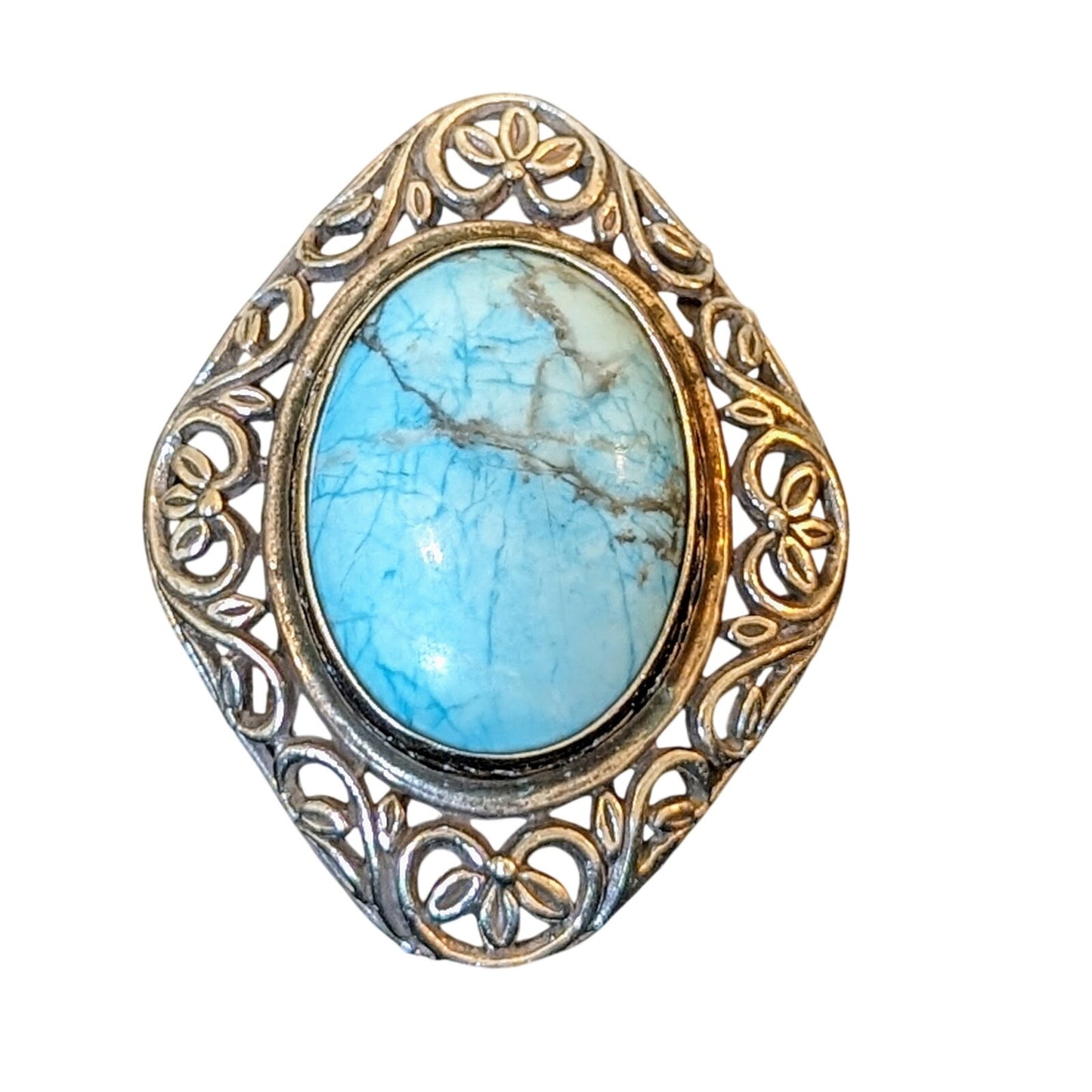 Large Turquoise Filigree Marked 925 Sterling Ring Size 8.5