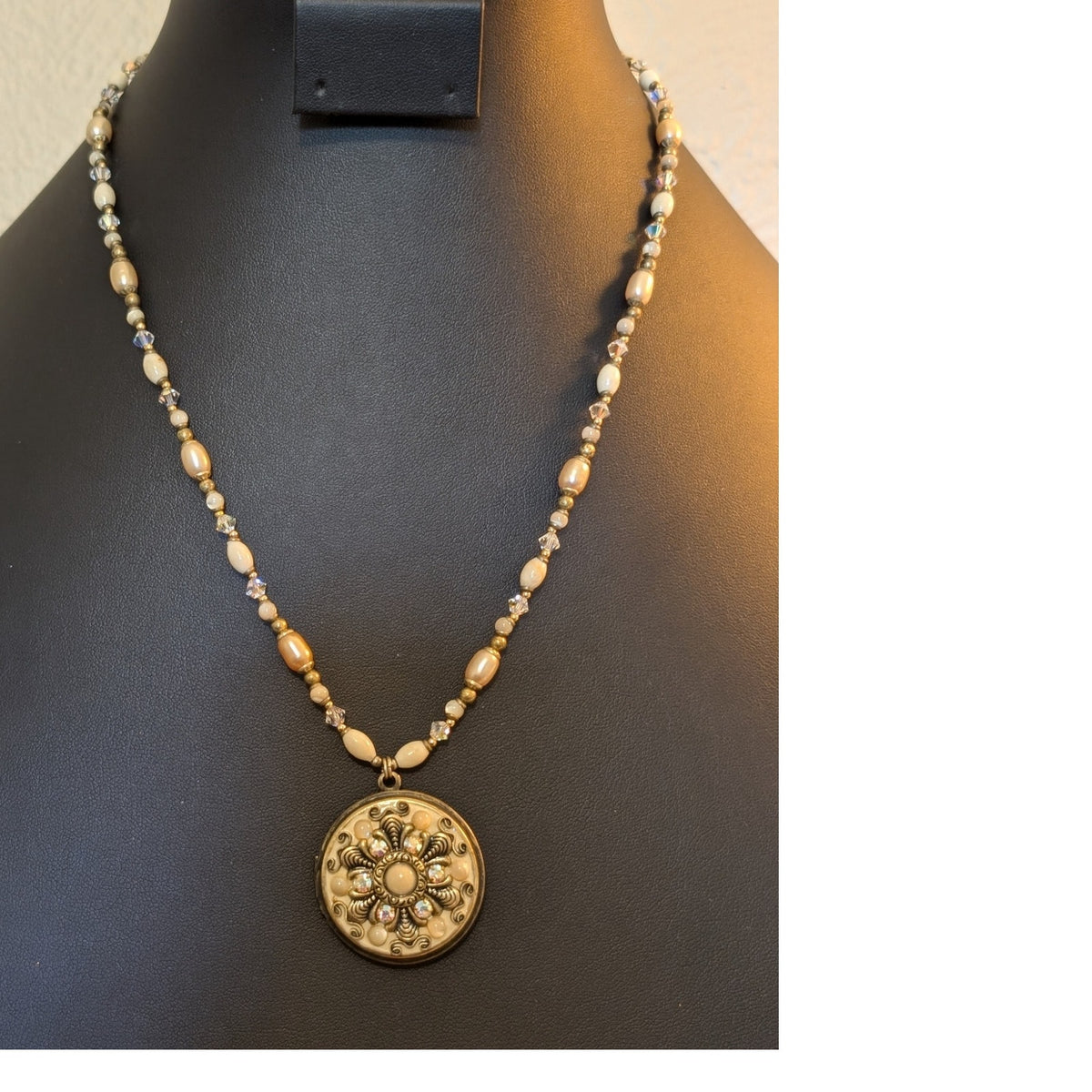 Signed Michal Golan Pearl Crystal Victorian Locket 18"-21.5" Necklace