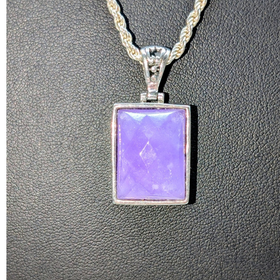 Vtg 925 Sterling Silver Purple Lavender Faceted Stone Pendant 24" Chain Necklace
