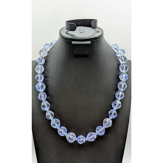 Vintage Chunky Blue Purple Crackled Silver Tone Wire Strung Beaded 26" Necklace