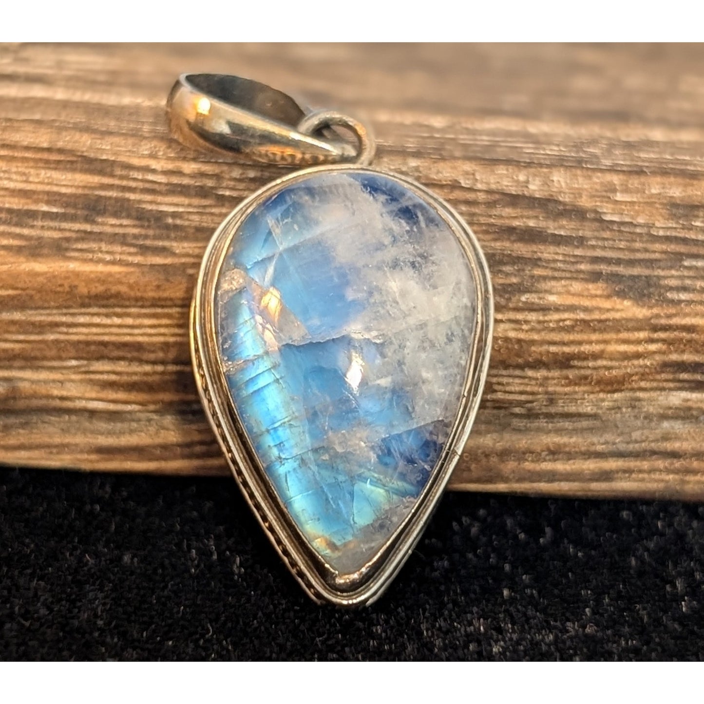 Blue Moonstone Teardrop Bali Wire Solid 925 Sterling Pendant Rope Chain Necklace