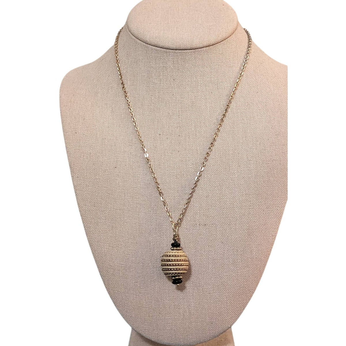 Cord Wrapped Beaded Orb Pendant on Gold Tone Spring Ring Clasp 18" Chain