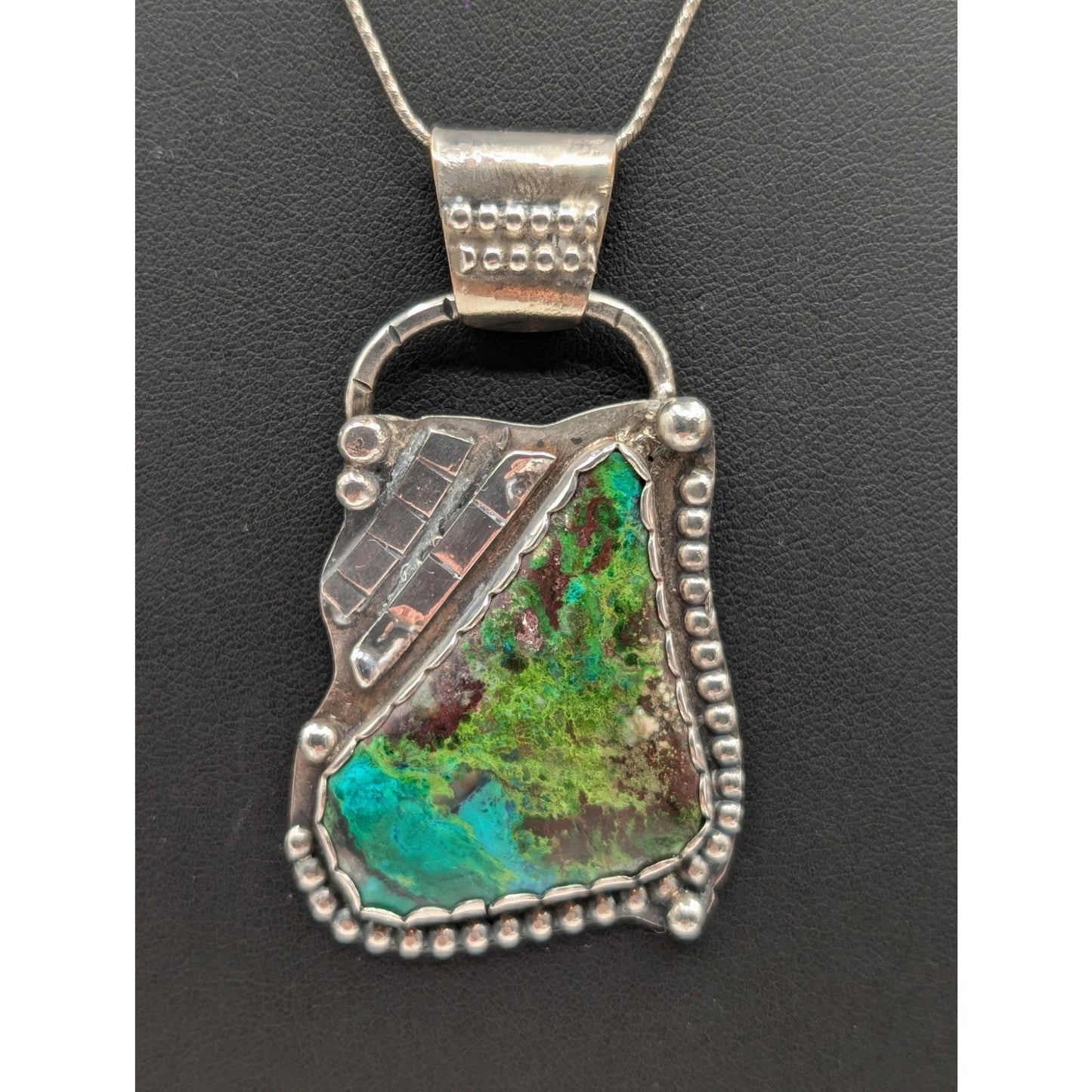 Vtg Artisan Handmade 'BT Sterling' Blue Green Stone Pendant Necklace 27.0g