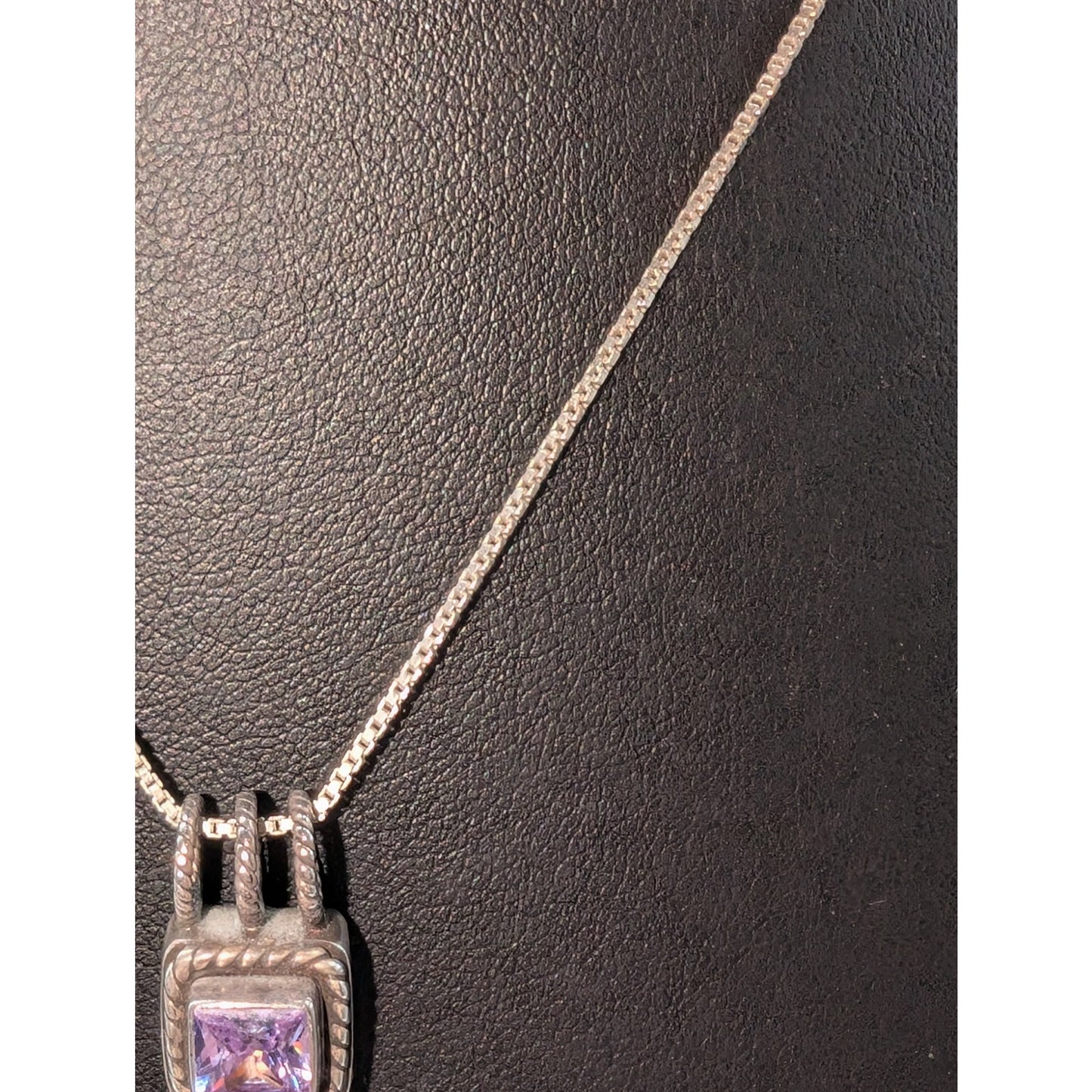 VTG Lori Bonn 925 Sterling Silver Purple Stone Pendant Box Chain 16" Necklace