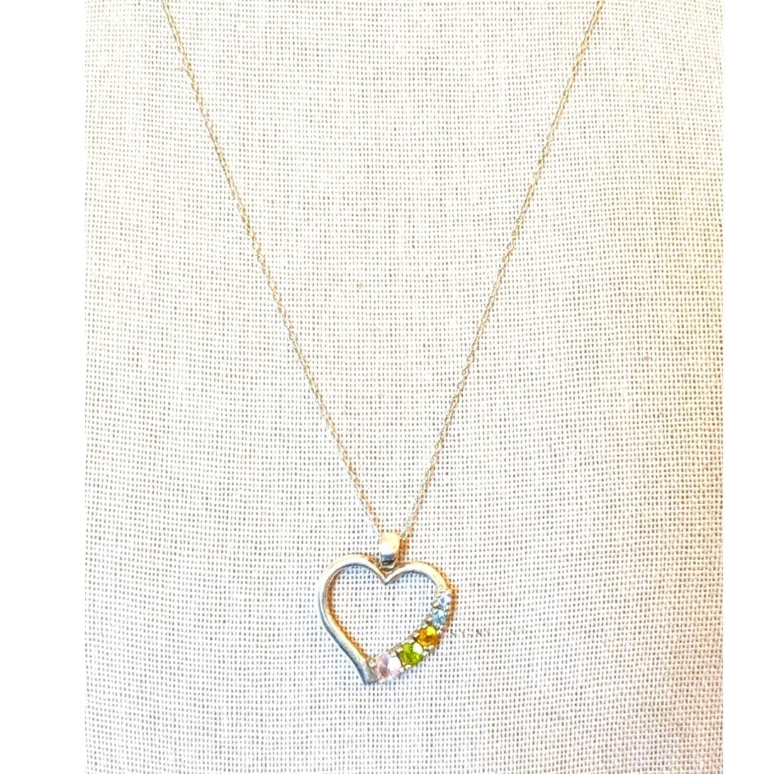 925 Sterling Silver Multi-Color Crystal Heart Necklace on Sterling 18" Chain