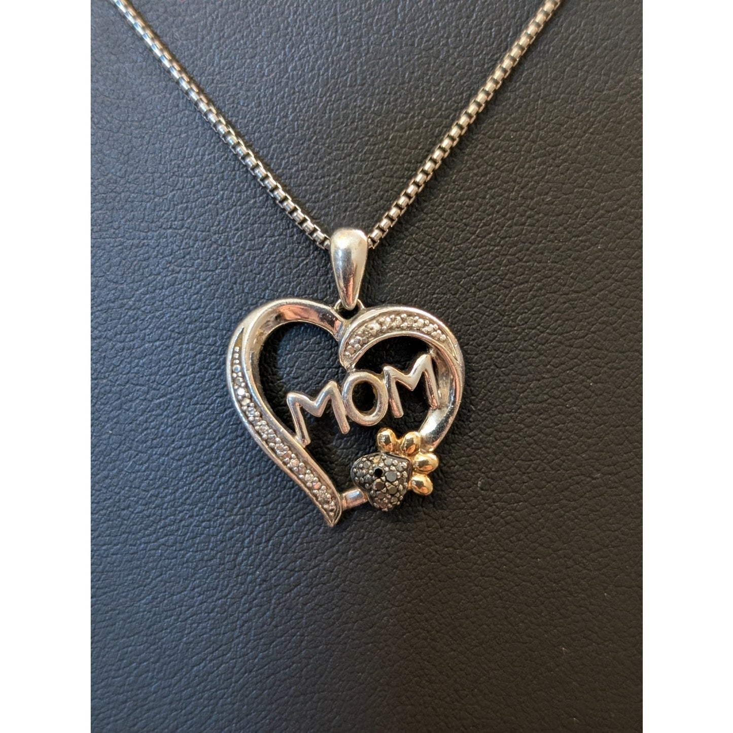 1/20 CT TW Enhanced Black & White Diamond MOM Paw Print Heart 925 10K Necklace