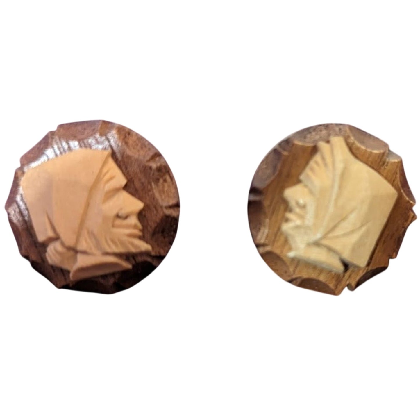 Vintage Wood Carved Cameo Man & Woman Screw Back Earrings