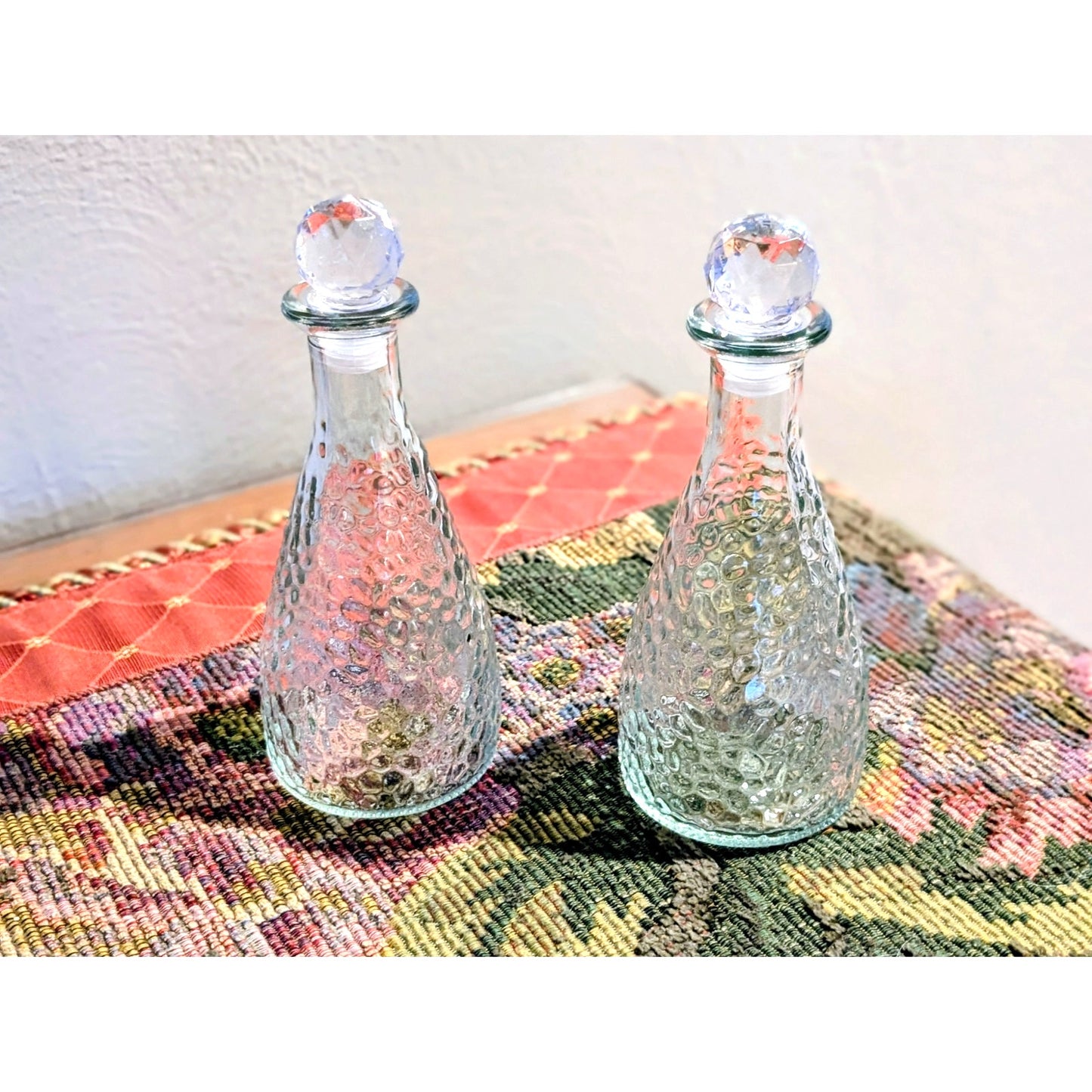 Set of Two Decorative Hammered Glass Bottles W/ Glass Stoppers