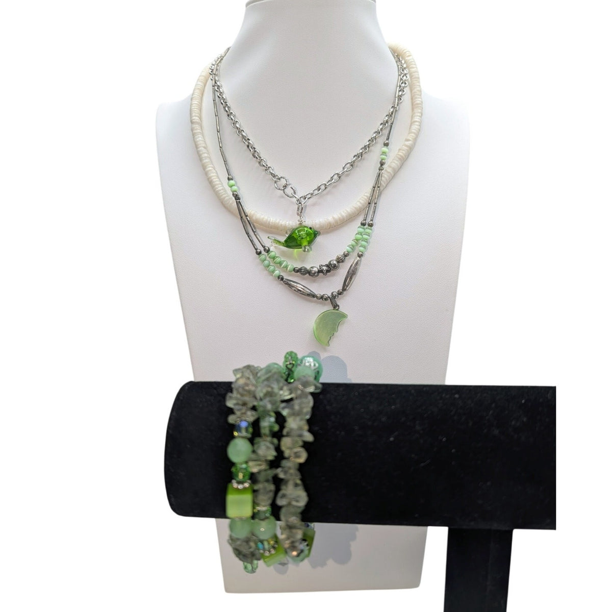Lot of 3 Green Silver Tone Theme Boho Necklaces and a Beaded Wire Wrap Bracelet
