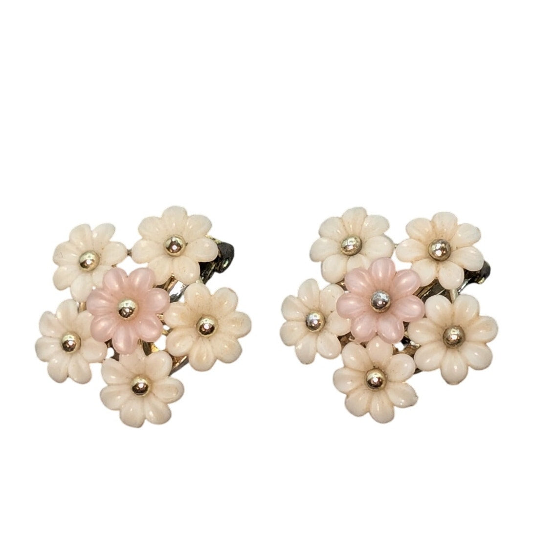 1950s Cream Pale Pink Gold Bead Pop Off Floral Clip Earrings
