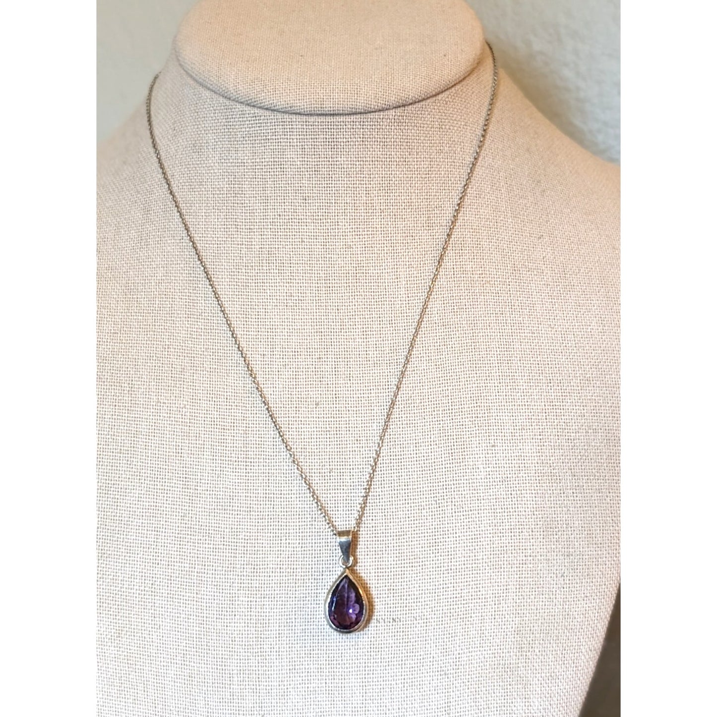 925 Sterling Silver Amethyst Teardrop Beaded Side Pendant 18" Necklace