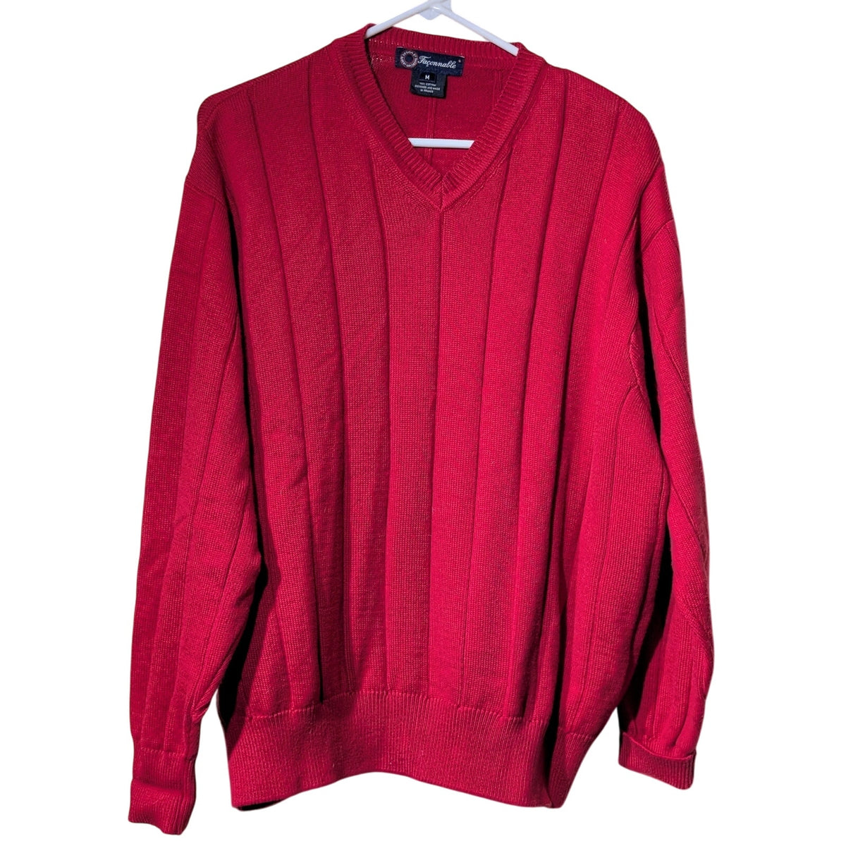 Faconnable Designed & Made in FranceRed Ribbed V Neck Pullover Sweater Sz M