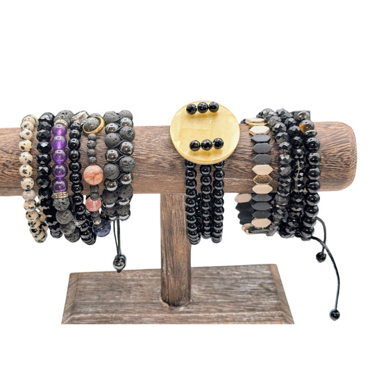 Lot of Eleven Black Theme Stone & Glass Bead Bracelets