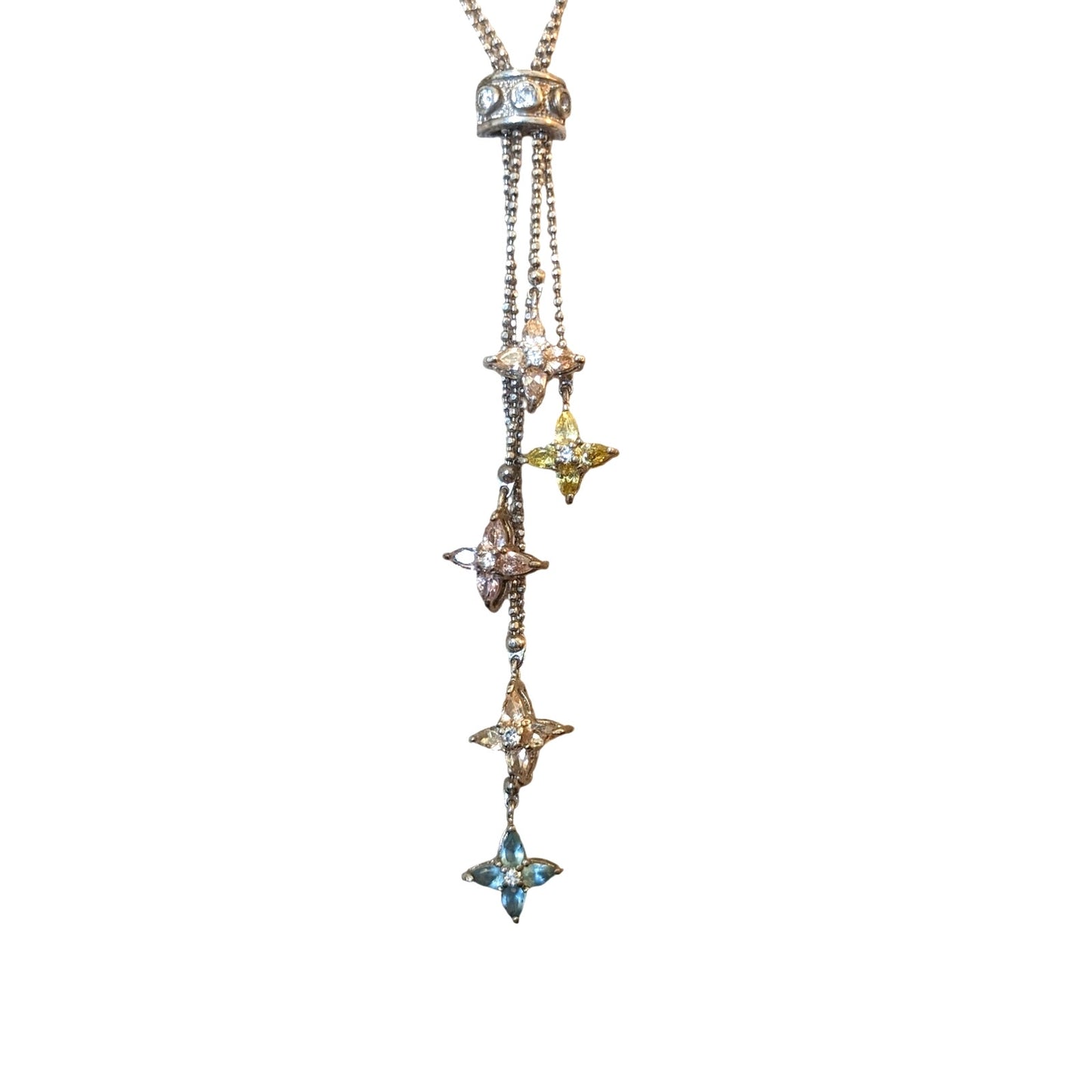 Kiam Family Double Silver Tone Beaded Chain Multi Crystal Star Dangle Necklace
