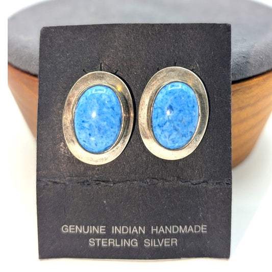 Vintage Genuine Indian Handmade Sterling Silver Oval Blue Stone Post Earrings