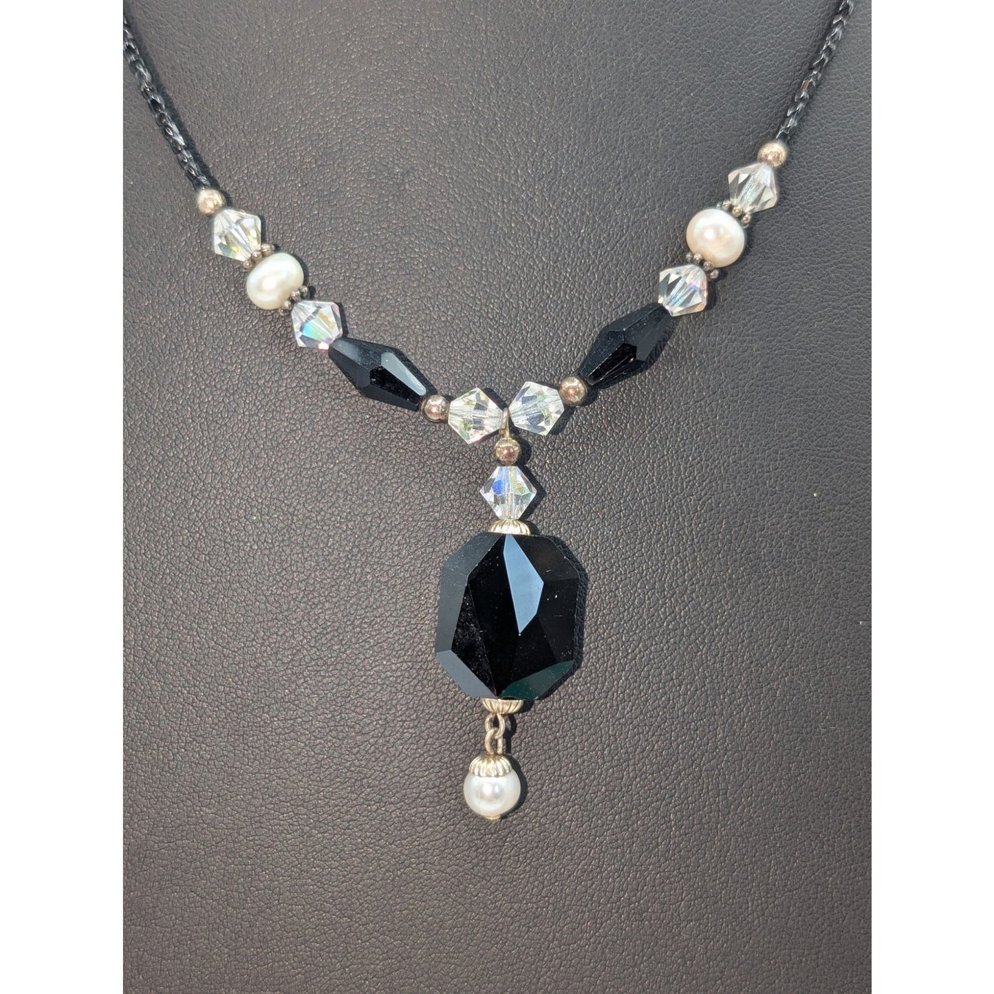 Black Glass Seed Beads & Pendant Bicone Clear & Black Crystal & Pearl Necklace