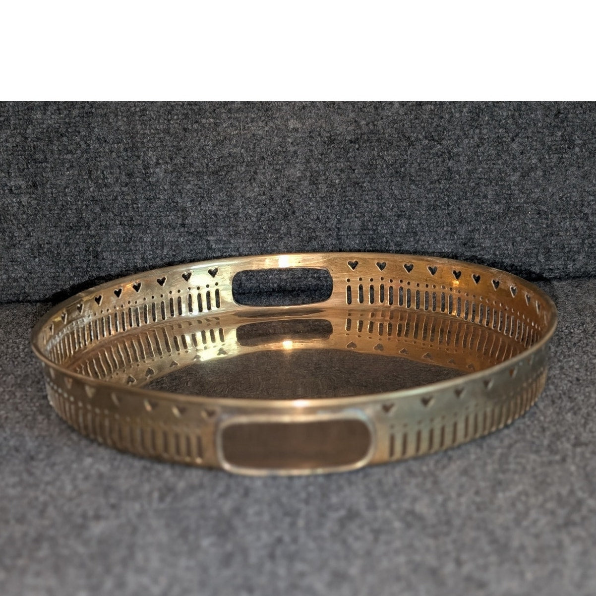 Vtg Brass Round Tray W/ Pierced Heart Gallery Decorative Serving or Vanity Tray