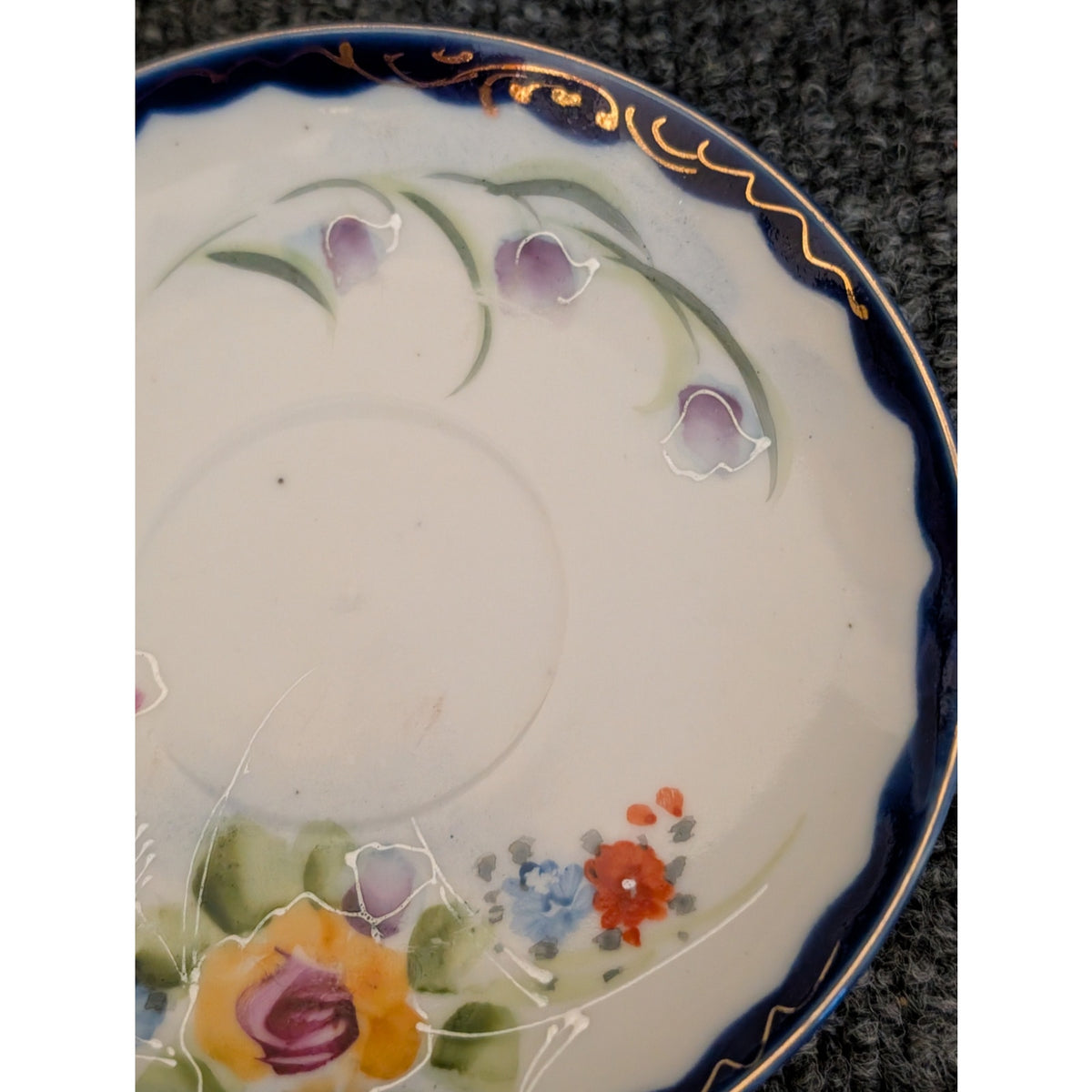 Vintage Nippon Cobalt Blue Cabbage Rose Teapot Two Cups and Two Saucers