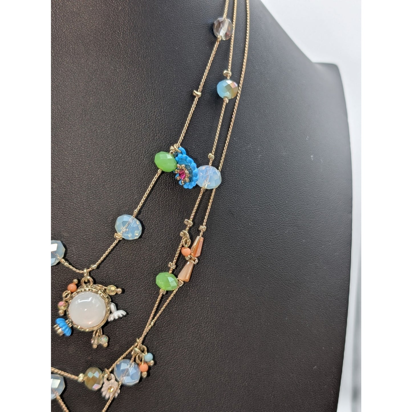 Betsey Johnson Three Strand Gold Tone Crystal Bead Studded Heart Necklace