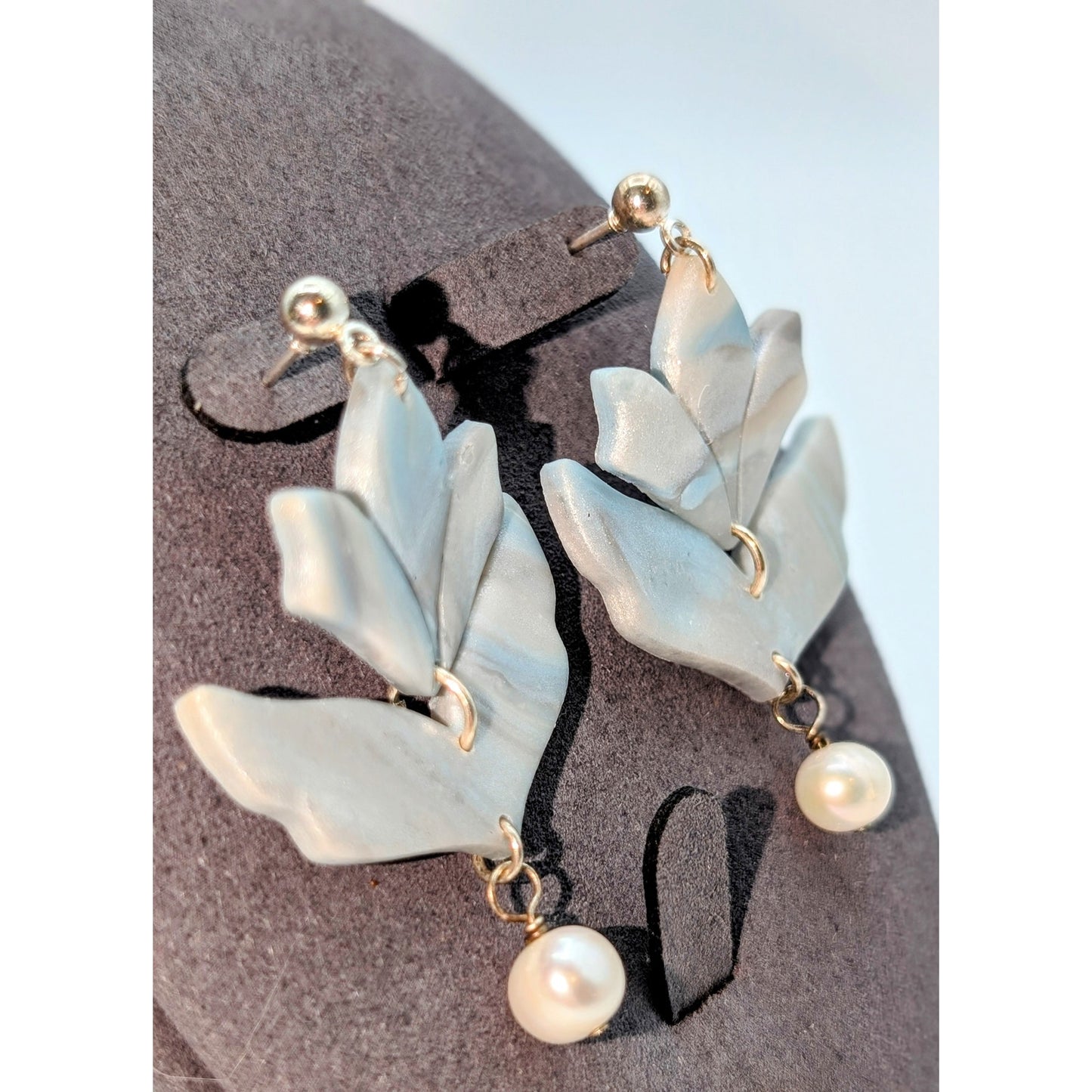 Blue Gray Sheen Polymer Clay Leaf 925 Sterling Genuine Pearl Dangle Earrings