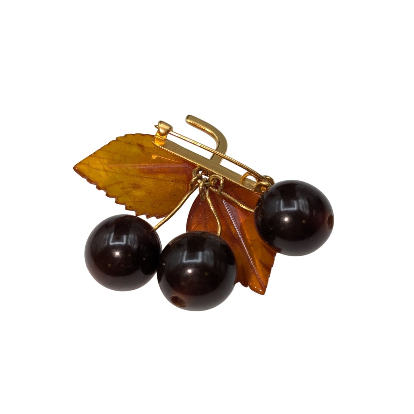 Vintage USSR 1980s Baltic Amber Cherry Gold Plated Brass Frame Brooch