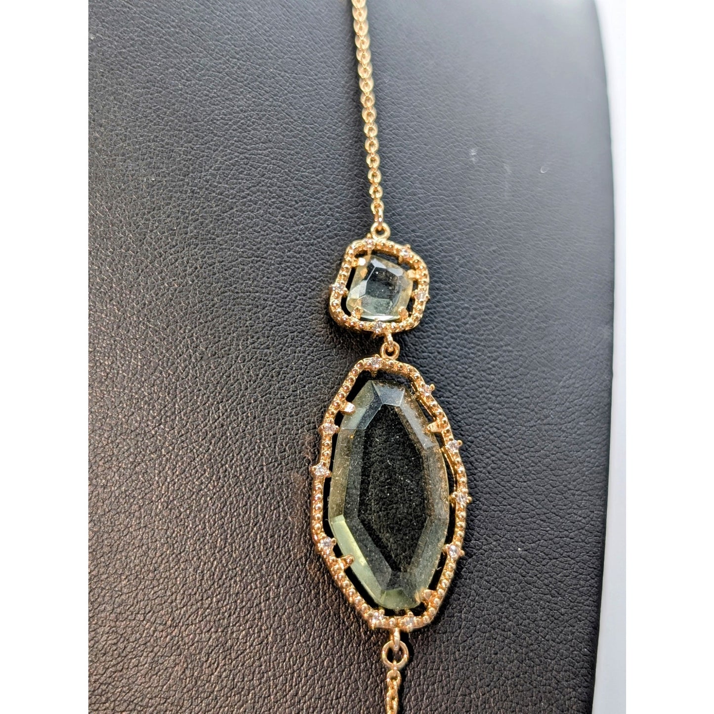 Hand-Crafted Abstract Blue Green Glass Crystal & CZ Gold Plated Chain Necklace