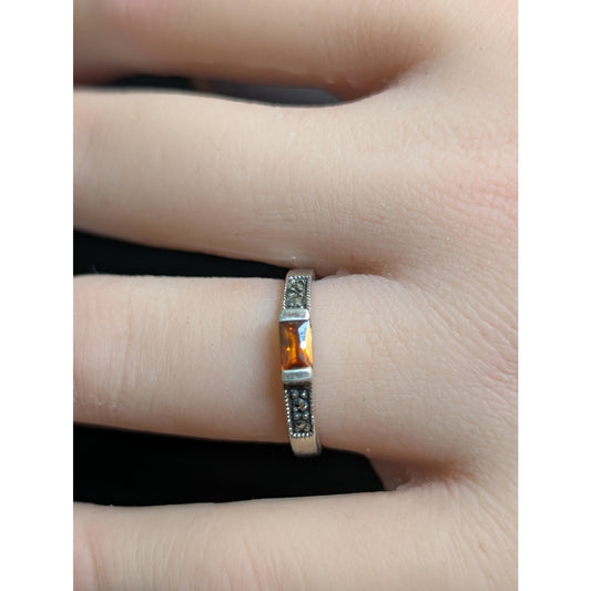 VTG 925 Sterling Silver Marcasite Orange East to West Stone Stack Ring Size 5.75