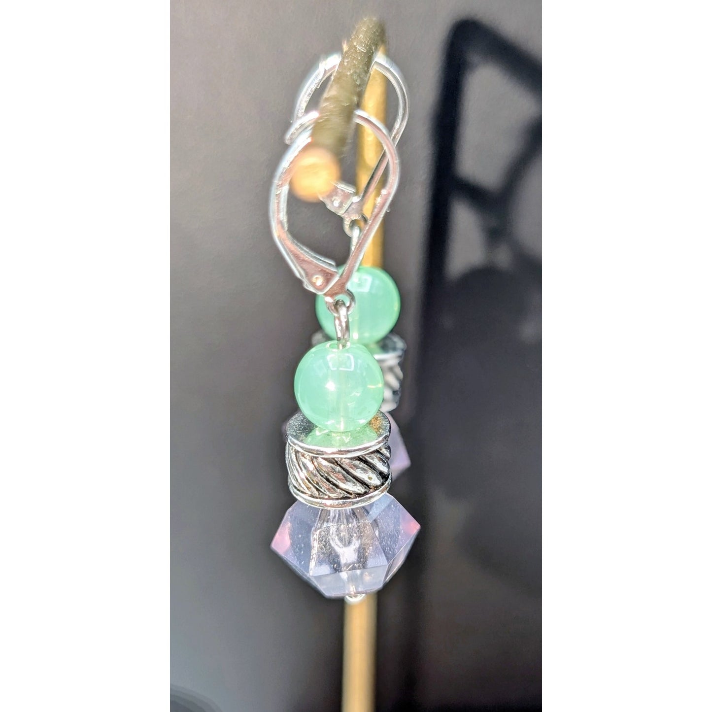 Green Stone Silver Tone Lever Back Dangle Earrings