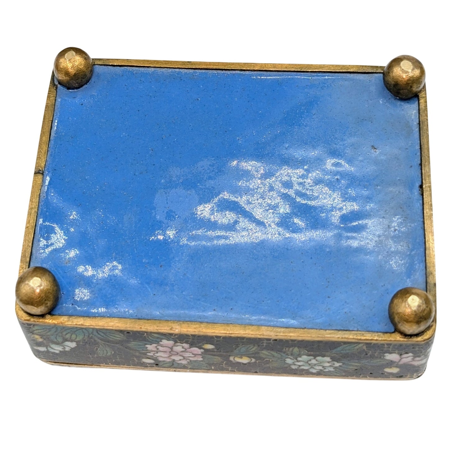 Antique Small Chinese Black Cloisonne Brass Footed circa 1900 Hinged Trinket Box