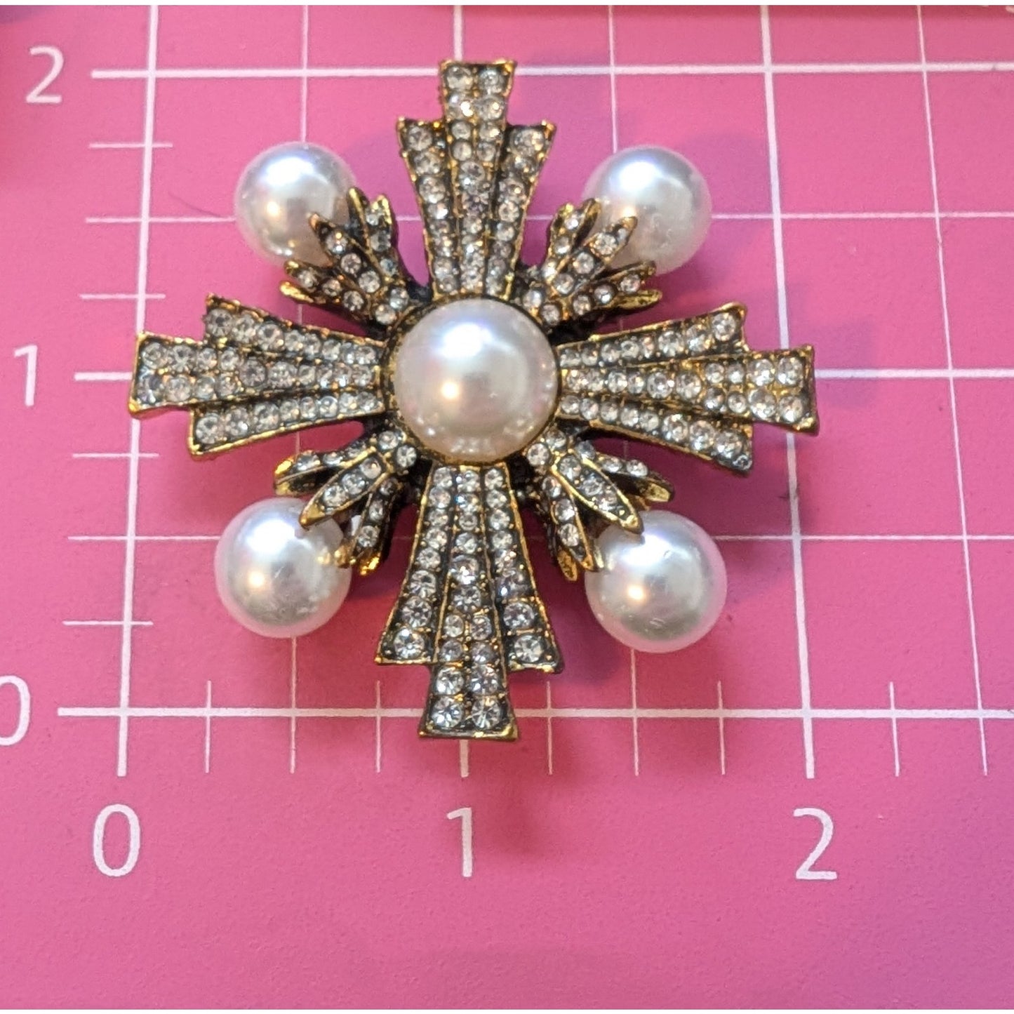 Lot of Two Antiqued Metal Faux Pearl Rhinestone Brooches