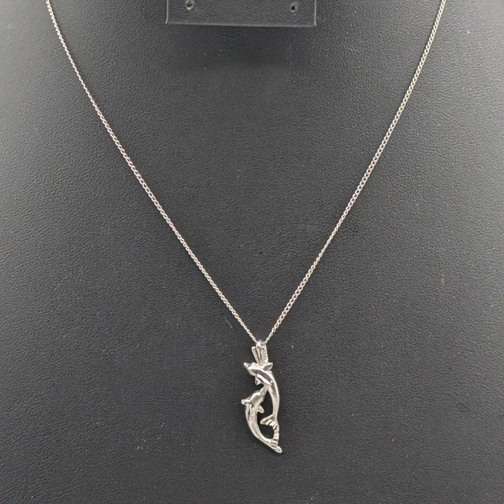 925 Sterling Silver Two Dolphins Playing Pendant 16" Chain Necklace
