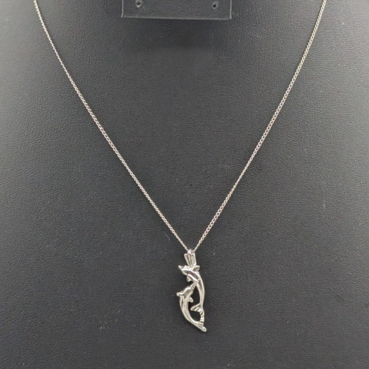 925 Sterling Silver Two Dolphins Playing Pendant 16" Chain Necklace