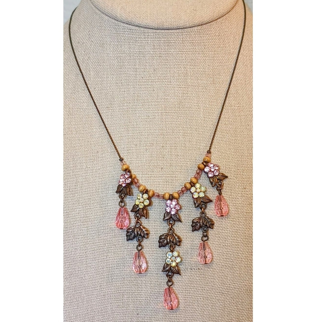 Antiqued Bronze Pink & AB Crystal Teardrop Dangle Necklace
