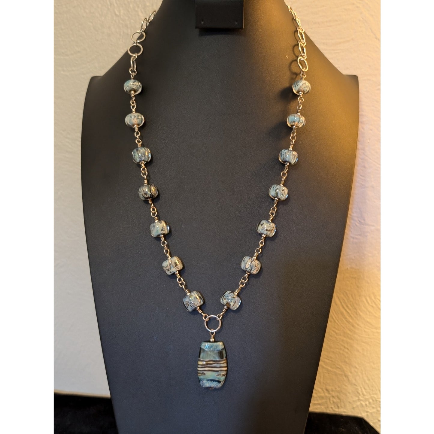 Signed 'Moon' Turquoise Brown Cream Striped Lampwork Bead Sterling Necklace