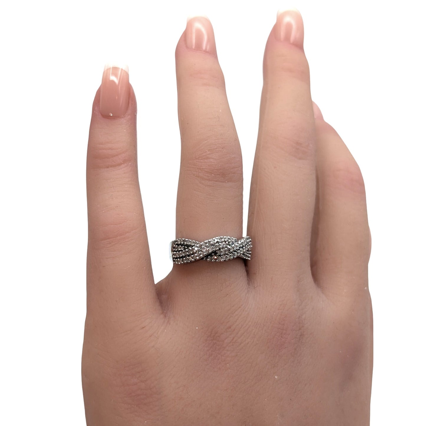 925 Sterling Silver Diamond Cross Over Band Ring Size 6.75