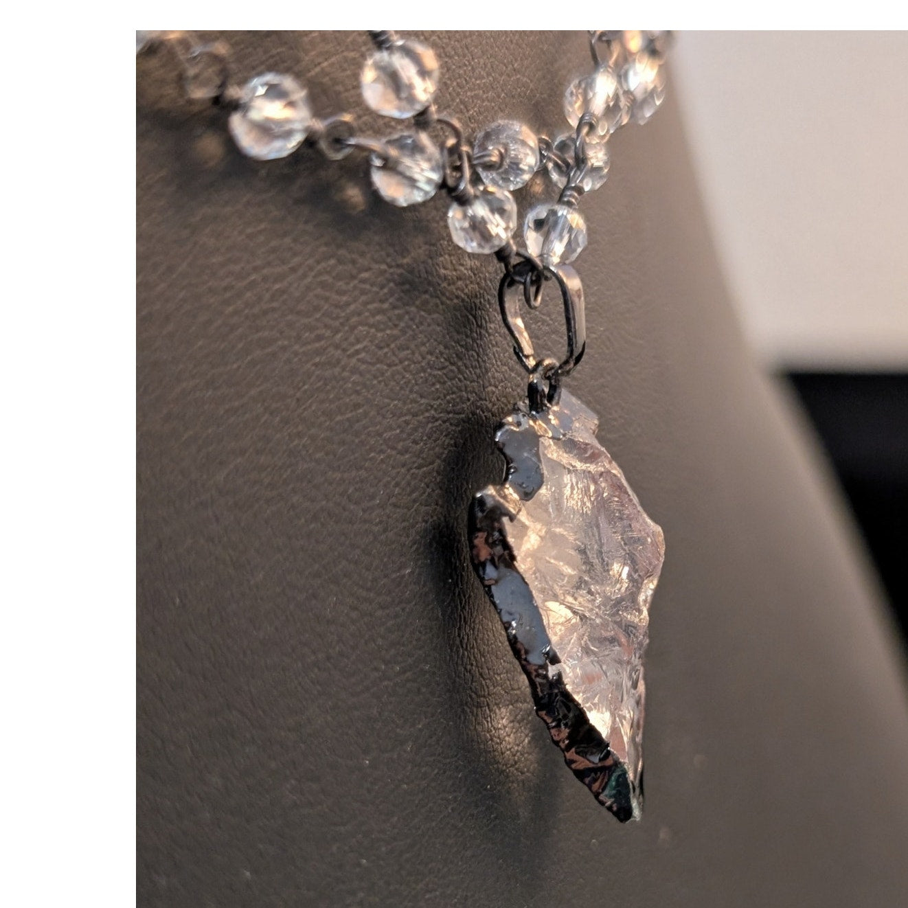 Two Strand Crystal Chain W/ Clear Quartz Arrowhead Pendant 16.5" Necklace
