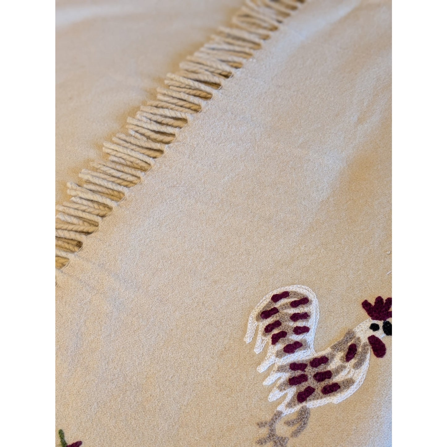 Vintage Tan Burgundy Black White 100% Wool Rooster Throw Blanket 54" X 70