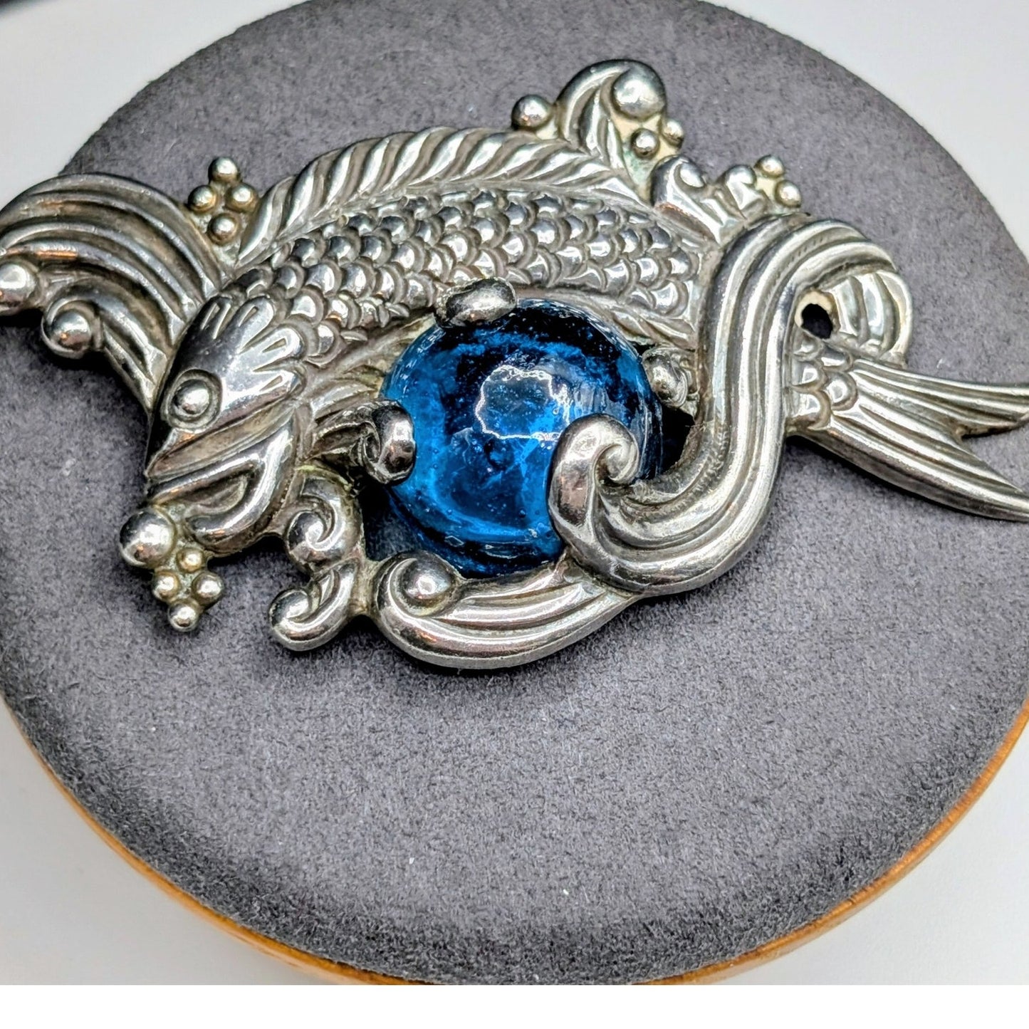 Rare VTG Los Castillo Taxco Sterling Silver Blue Glass Fish in Waves Brooch