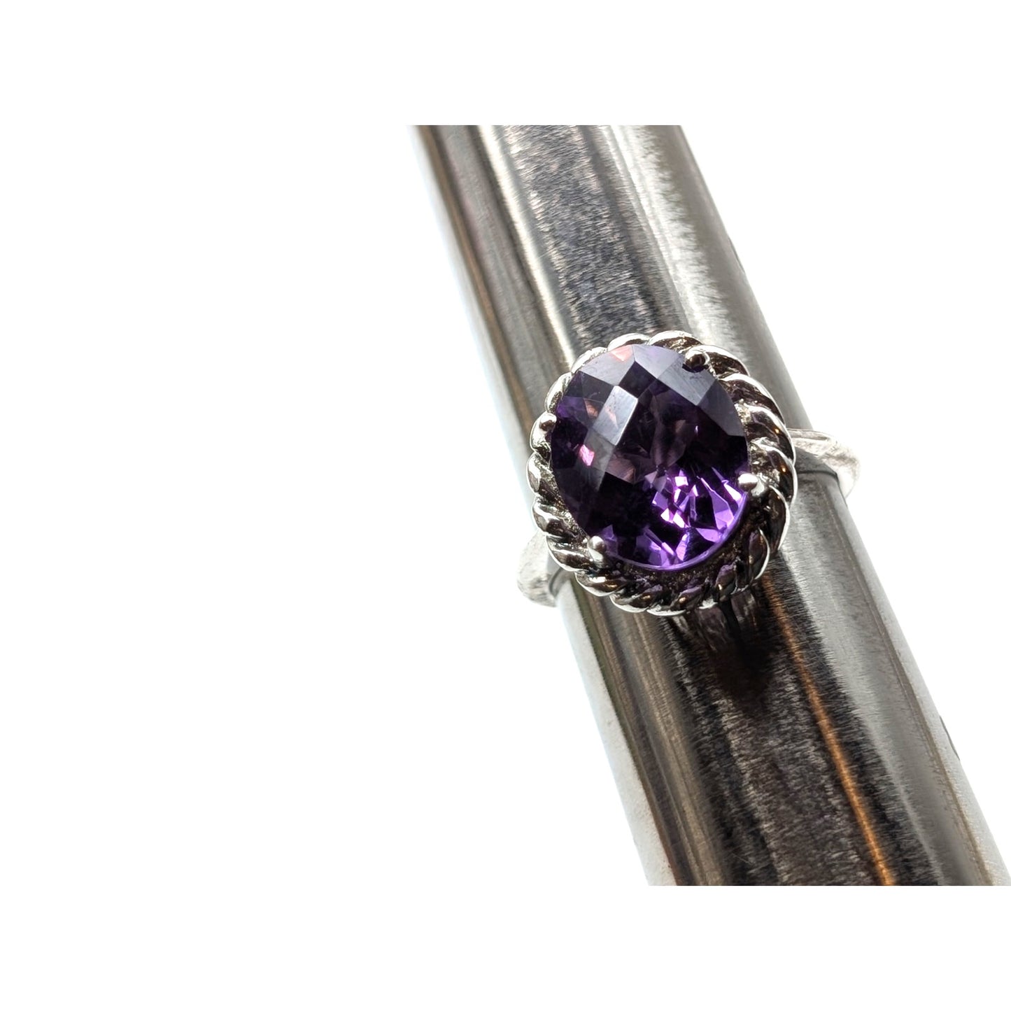 925 Sterling Silver Lg Oval Facet Cut Amethyst Twisted Rope Surround Ring Sz 7