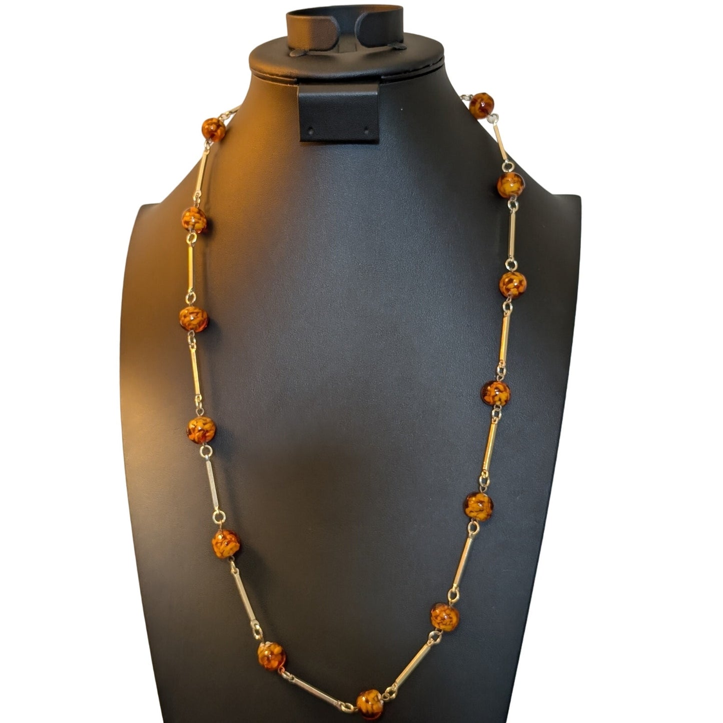 Rare Vintage Mid Century Amber Art Glass Bar Bead Gold Tone 30" Necklace