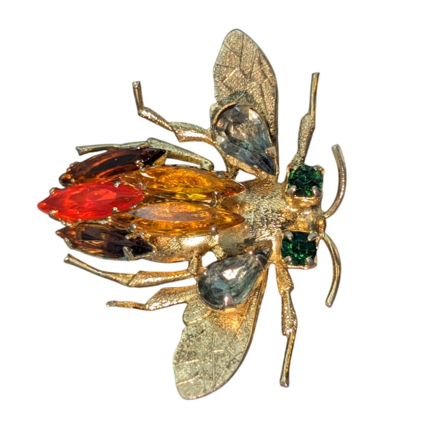 Vintage Gold Orange Green Rhinestone Bug Brooch